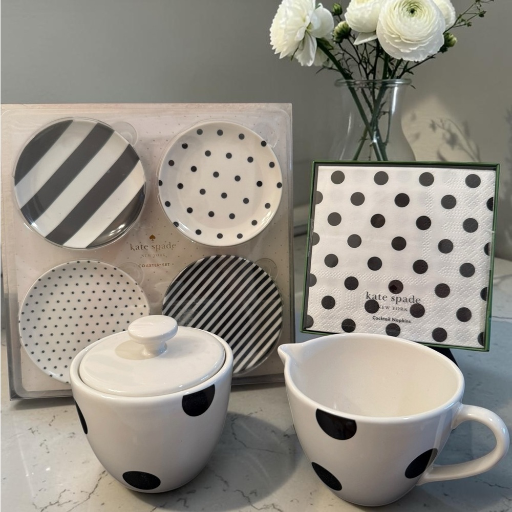 kate spade Lenox Polk a Dot Ceramic Creamer&Sugar Set with Coaster Set & Napkins